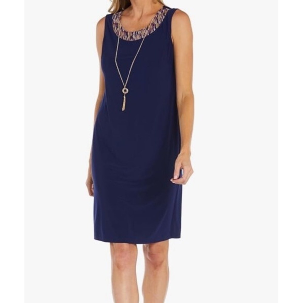 R&M Richards Sleeveless Shift Dress Navy Blue Detachable Necklace 14 Style 1302